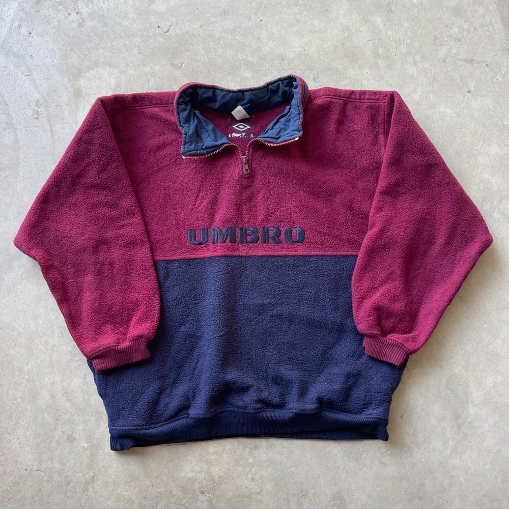 Vintage Umbro Quarter Zip Fleece Pullover Colorblock Burgundy Navy XL Mens